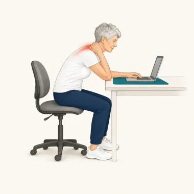 Illustration: Frau sitzt vorgebeugt am Schreibtisch, der Kopf schiebt nach vorn und der Nacken steht unter Spannung
