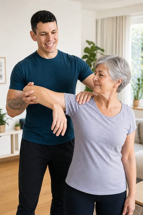 Personal Trainer Tim Haaf leitet eine Kundin beim Beweglichkeitstraining zu Hause an
