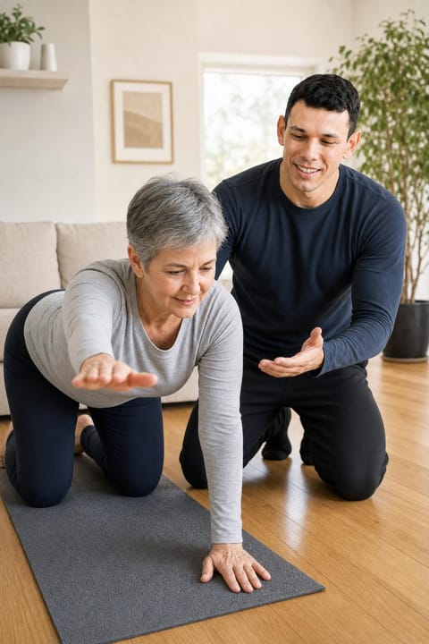 Personal Trainer Tim Haaf leitet eine Kundin beim Rückentraining zu Hause an