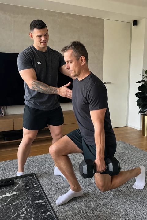 Individuelles Personal Training für Einsteiger zu Hause Tim Haaf korrigiert die Haltung eines Mannes um die 45 beim Krafttraining zu Hause