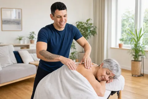 Tim Haaf lockert die Rückenmuskulatur einer Kundin bei einer Massage auf der mobilen Liege zu Hause