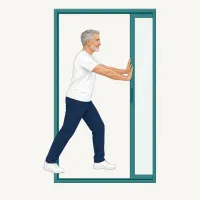 Illustration: Schwere Schiebetür wird mit gestreckten Armen und sicherem Stand aufgeschoben