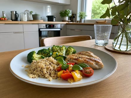 Ausgewogener Teller mit Hähnchen, Quinoa und Gemüse für eine gesunde Ernährung im Alltag