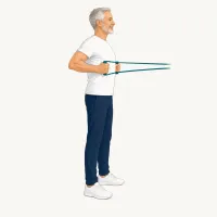 Illustration: Rudern mit dem Widerstandsband, Ellbogen eng am Körper nach hinten gezogen