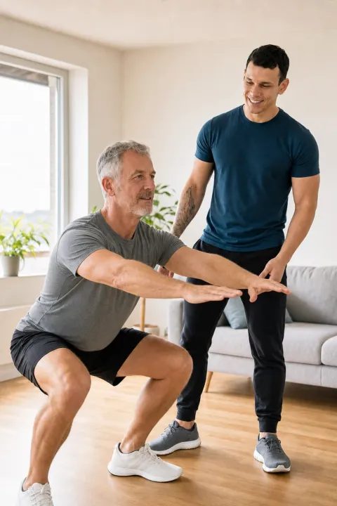 Personal Trainer Tim Haaf leitet einen Kunden bei der Kniebeuge im Wohnzimmer an
