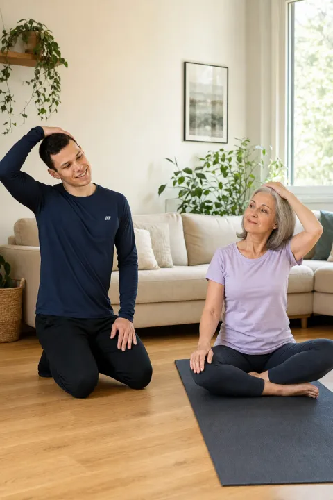Personal Trainer Tim Haaf begleitet eine Kundin bei einer ruhigen Entspannungsübung im Wohnzimmer