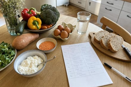 Frische Zutaten und ein handgeschriebener Wochenplan für gesunde Ernährung auf dem Küchentisch